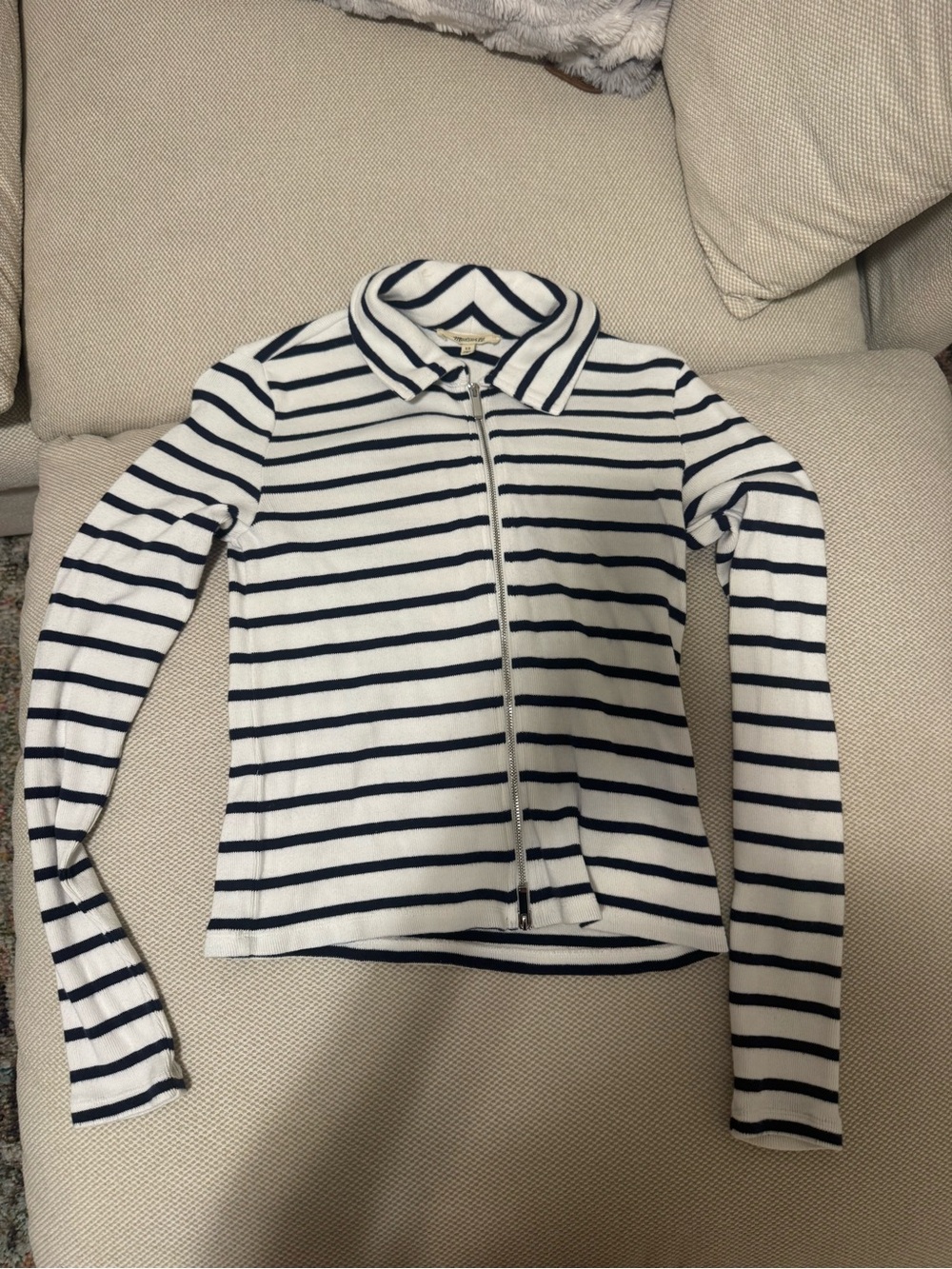 Madewell White & Navy Striped Zip-Front Sweatshirt